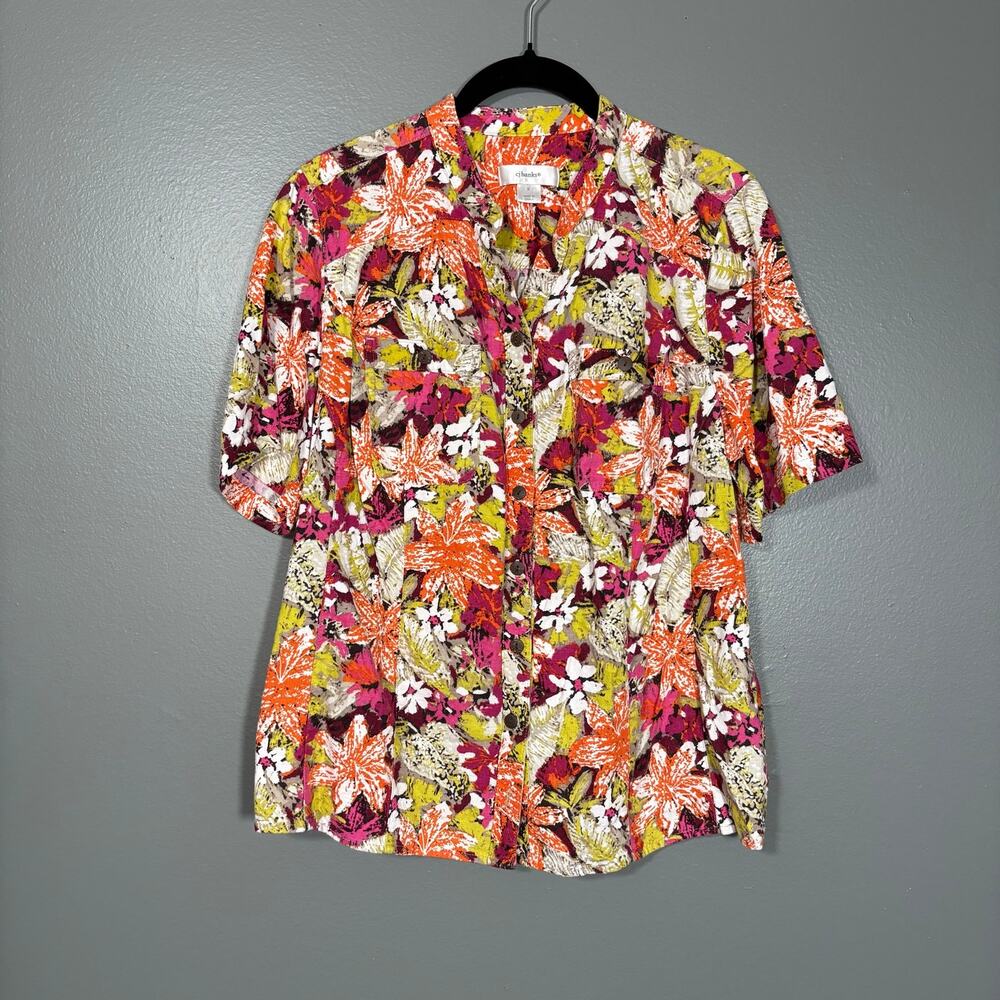 CJ Banks Colorful Hawaiian Linen Vacation Button Up Top - X - Women's Plus Size